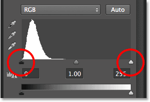 The black point (left) and white point (right) sliders below the histogram. Image © 2013 Photoshop Essentials.com