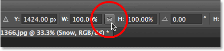 Clicking the link icon between the Width and Height options in the Options Bar. Image © 2013 Photoshop Essentials.com