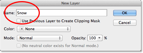 Naming the layer in the New Layer dialog box. Image © 2013 Photoshop Essentials.com