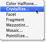 Selecting the Crystalize filter from the Filter menu. Image © 2013 Photoshop Essentials.com