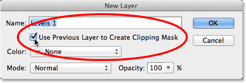 Selecting the Use Previous Layer to Create Clipping Mask option. Image © 2013 Photoshop Essentials.com
