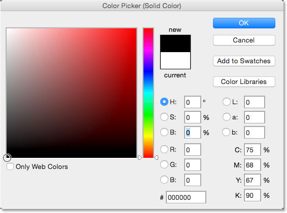 Choosing black from the Color Picker. Image © 2014 Photoshop Essentials.com.