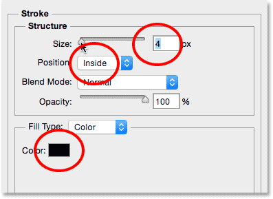 The Stroke options in the Layer Style dialog box. Image © 2014 Photoshop Essentials.com.