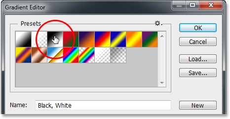 Selecting the Black, White gradient from the Gradient Editor in Photoshop. Image © 2013 Photoshop Essentials.com