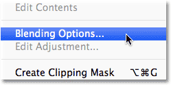 Choosing Blending Options from the Layers panel menu. Image © 2013 Photoshop Essentials.com.