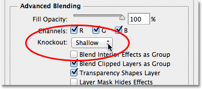Setting the Knockout option to Shallow in the Layer Style dialog box. Image © 2013 Photoshop Essentials.com.