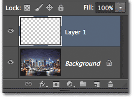 A new layer, Layer 1, has been added to the document. Image © 2013 Photoshop Essentials.com.