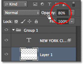 Increasing the Opacity value for Layer 1. Image © 2013 Photoshop Essentials.com.