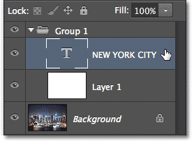 Selecting the Type layer inside the layer group. Image © 2013 Photoshop Essentials.com.