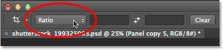 Setting the Aspect Ratio for the Crop Tool to Ratio. Image © 2014 Photoshop Essentials.com.