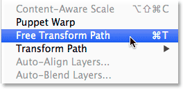Selecting the Free Transform Path command from the Edit menu. Image © 2014 Photoshop Essentials.com.