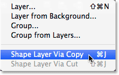 Selecting the New Shape Layer via Copy command from the Layer menu. Image © 2014 Photoshop Essentials.com.