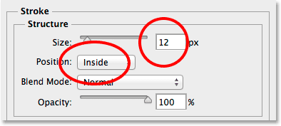 Changing the stroke Position to Inside and increasing the Size value. Image © 2014 Photoshop Essentials.com.