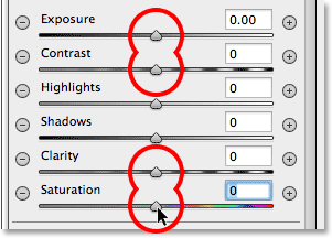 Double-clicking sliders in the Camera Raw dialog box to reset them. Image © 2013 Photoshop Essentials.com