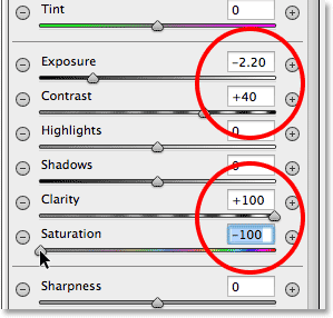 The image adjustment sliders for the Radial Filter in Camera Raw. Image © 2013 Photoshop Essentials.com