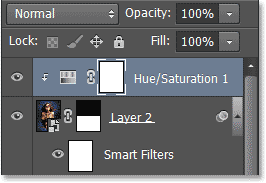 The Layers panel showing the new Hue/Saturation adjustment layer. Image © 2013 Photoshop Essentials.com