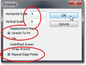 Setting the Displace options. Image © 2013 Photoshop Essentials.com