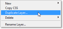 Selecting the Duplicate Layer command from the Layer menu. Image © 2013 Photoshop Essentials.com