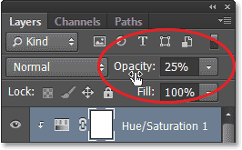 Lowering the opacity of the adjustment layer. Image © 2013 Photoshop Essentials.com