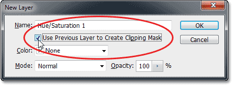 Selecting the 'Use Previous Layer to Create Clipping Mask' option in the New Layer dialog box. Image © 2013 Photoshop Essentials.com
