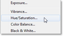 Selecting a Hue/Saturation adjustment layer in Photoshop CS6. Image © 2013 Photoshop Essentials.com