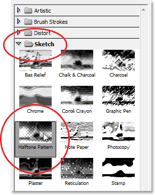 Selecting the Halftone Pattern filter in the Filter Gallery in Photoshop CS6. Image © 2013 Photoshop Essentials.com