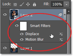 The two Smart Filters are listed below the layer in the Layers panel. Image © 2013 Photoshop Essentials.com