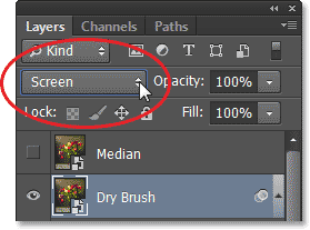 Changing the blend mode of the dry Brush layer to Screen. Image © 2013 Photoshop Essentials.com