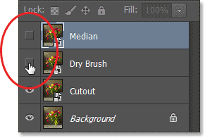 Clicking the layer visibility icons for the top two layers in the Layers panel. Image © 2013 Photoshop Essentials.com
