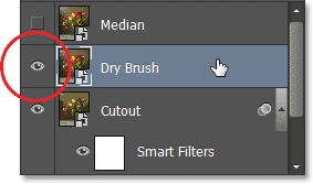 Selecting and turning on the Dry Brush layer in the Layers panel. Image © 2013 Photoshop Essentials.com