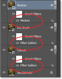 The Layers panel displaying the names of the Smart Filters used in the effect. Image © 2013 Photoshop Essentials.com