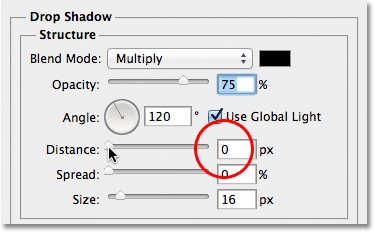 Lowering the Distance of the drop shadow to 0 px. 