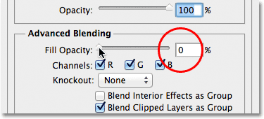 Lowering the Fill Opacity option to 0% in the Layer Style dialog box. 
