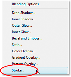 Adobe Photoshop Text Effects: Choosing 'Stroke' from the list of Layer Styles.