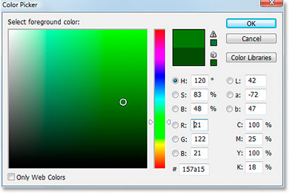 Adobe Photoshop Text Effects: Selecting a slightly lighter shade of green for the text in Photoshop's Color Picker.