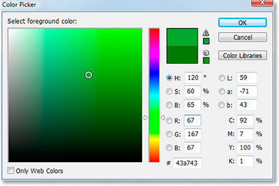 Adobe Photoshop Text Effects: Selecting a lighter shade of green for the text in Photoshop's Color Picker.