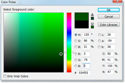 Adobe Photoshop Text Effects: Choosing a dark green in Photoshop's Color Picker.