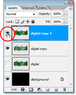 Adobe Photoshop Text Effects: Clicking the layer's visibility icon to reveal the layer in the document.