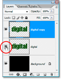 Adobe Photoshop Text Effects: Click on the original text layer's visibility icon to hide it.