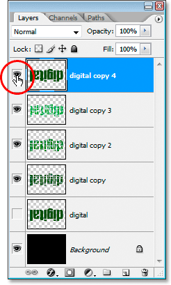 Adobe Photoshop Text Effects: Duplicate the original text layer again, drag it to the top of the Layers palette and click on its Layer Visibility icon.