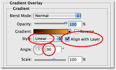 The Gradient Overlay options in the Layer Style dialog box. Image © 2009 Photoshop Essentials.com.