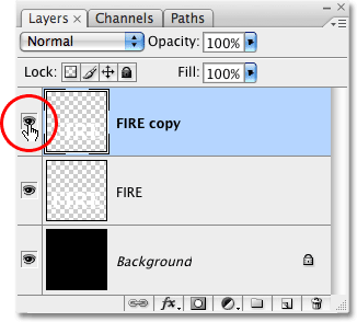 Clicking the layer visibility 'eyeball' icon in the Layers palette in Photoshop. Image © 2009 Photoshop Essentials.com.