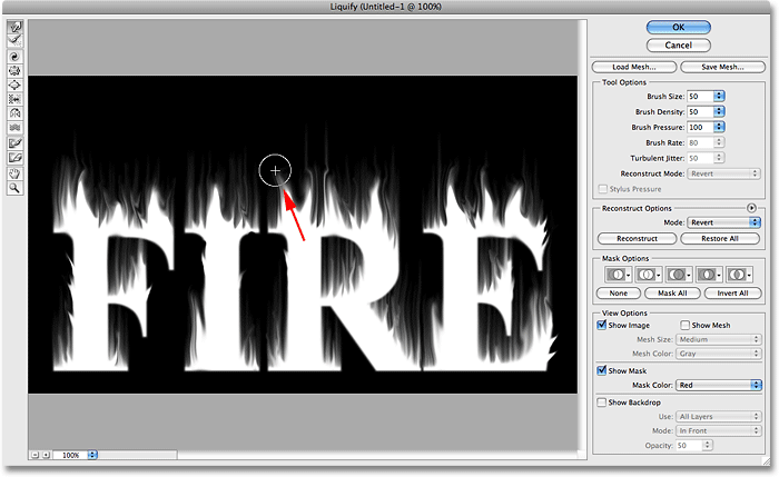 Creating large flames out of the text with the Liquify filter. Image © 2009 Photoshop Essentials.com.