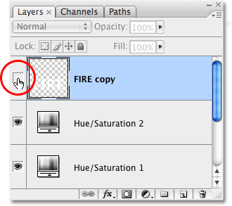 Clicking on the layer visibility icon in the Layers palette in Photoshop. Image © 2009 Photoshop Essentials.com.