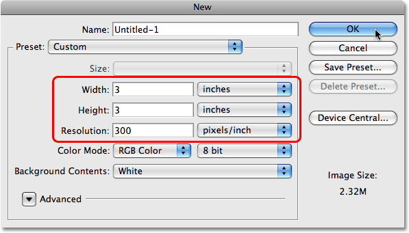 The New Document dialog box in Photoshop. Image © 2009 Photoshop Essentials.com.