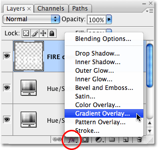 Selecting a Gradient Overlay layer style in Photoshop. Image © 2009 Photoshop Essentials.com.