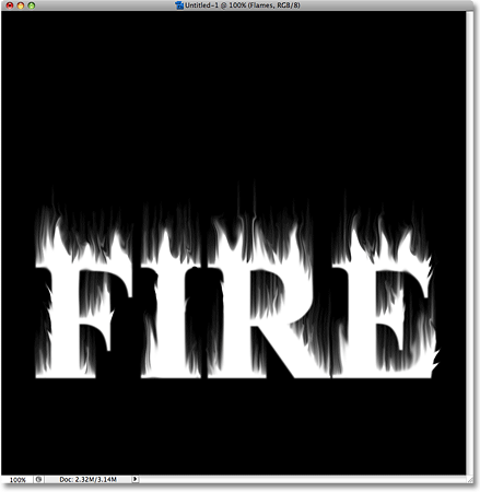 The text after creating flames with the Liquify filter in Photoshop. Image © 2009 Photoshop Essentials.com.