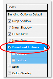 Adobe Photoshop Text Effects: Choose 'Bevel and Emboss' from the list of Layer Styles on the left