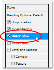 Adobe Photoshop Text Effects: Choose 'Outer Glow' from the list of Layer Styles on the left