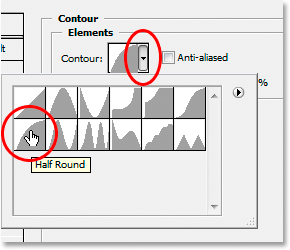 Adobe Photoshop Text Effects: Select the 'Half Round' contour option.